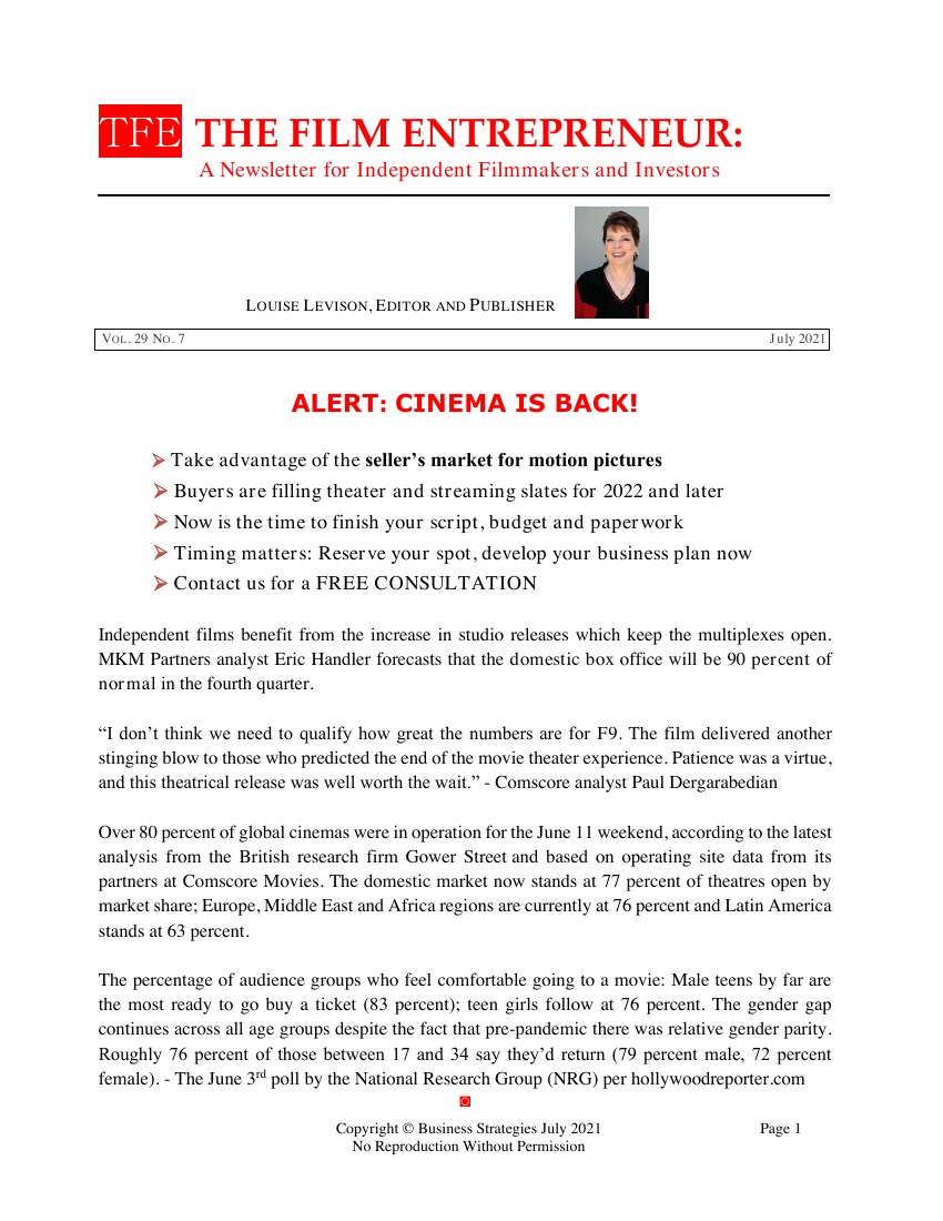 First page of The Film Entrepreneur, July 2021