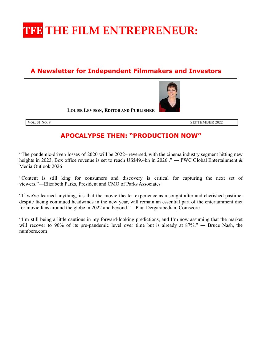 First page of The Film Entrepreneur, September 2022