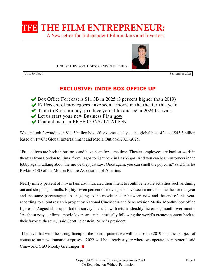 First page of The Film Entrepreneur, September 2021