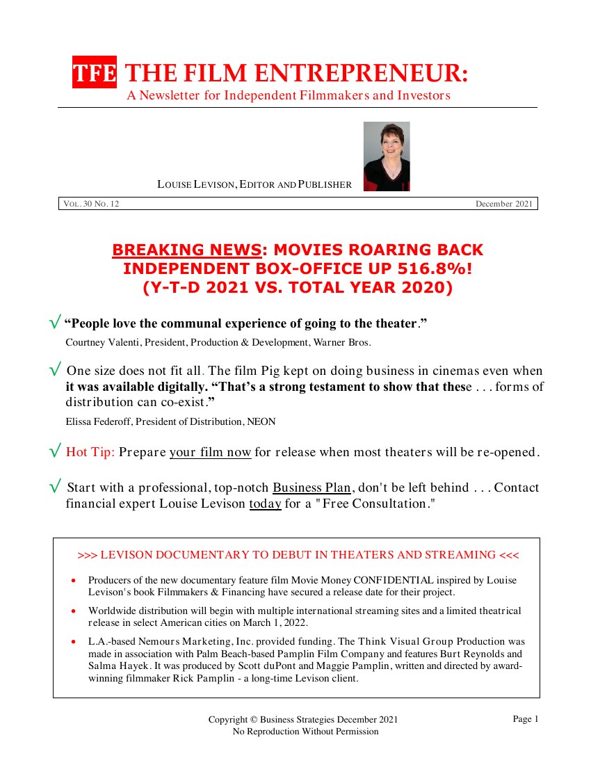 First page of The Film Entrepreneur, December 2021