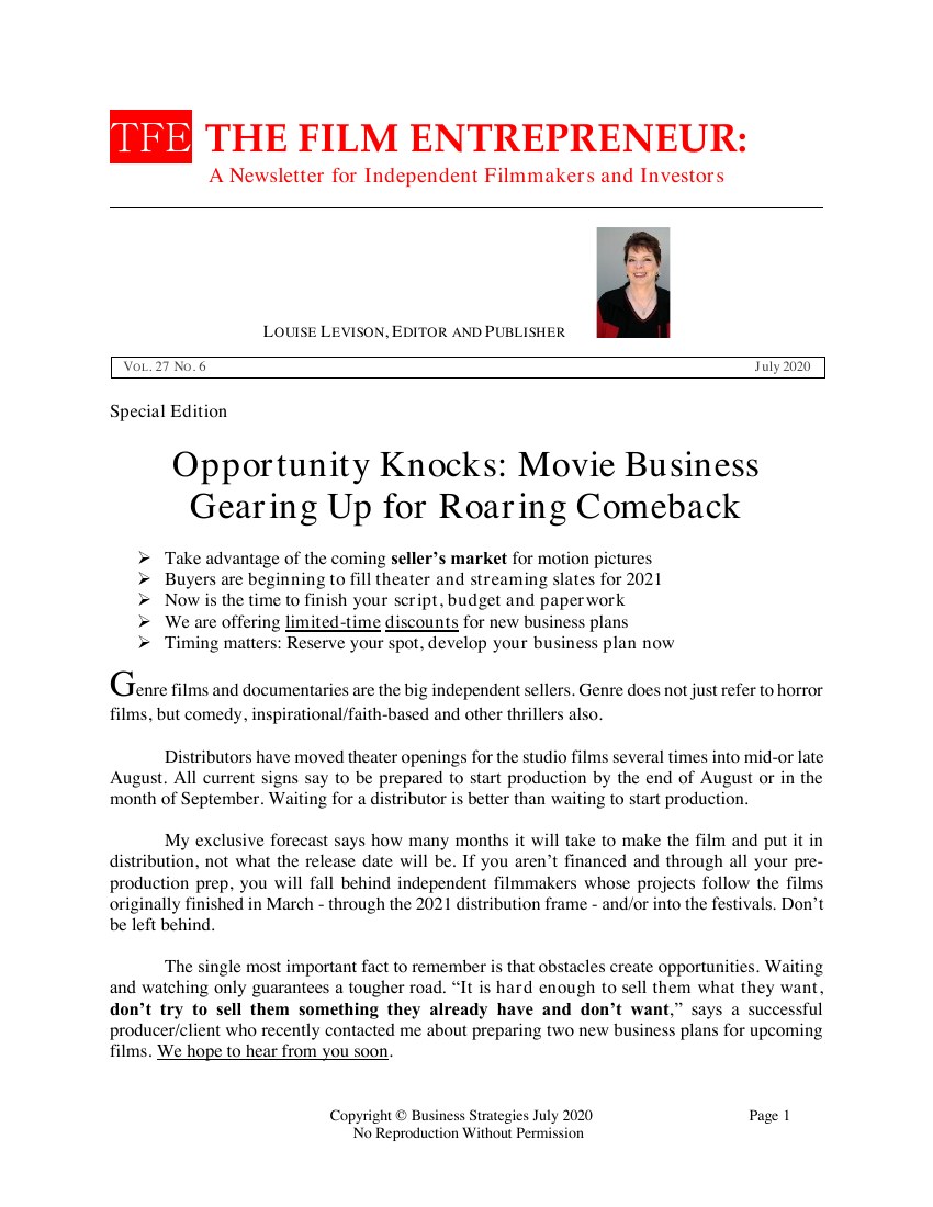 First page of The Film Entrepreneur, July 2020