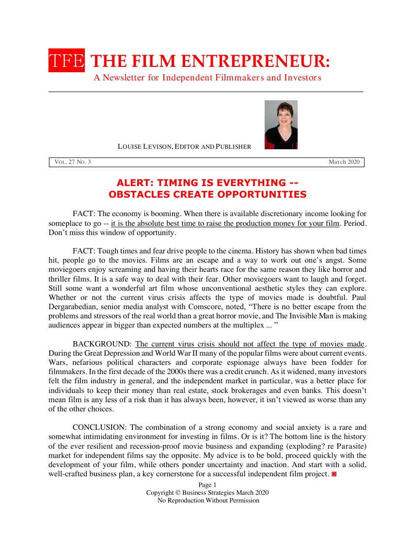 First page of The Film Entrepreneur, March 2020