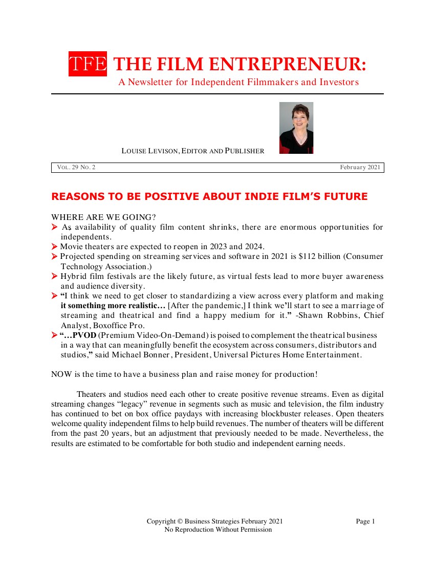 First page of The Film Entrepreneur, February 2021