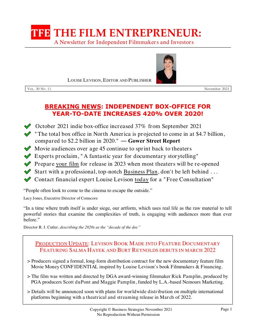 First page of The Film Entrepreneur, November 2021
