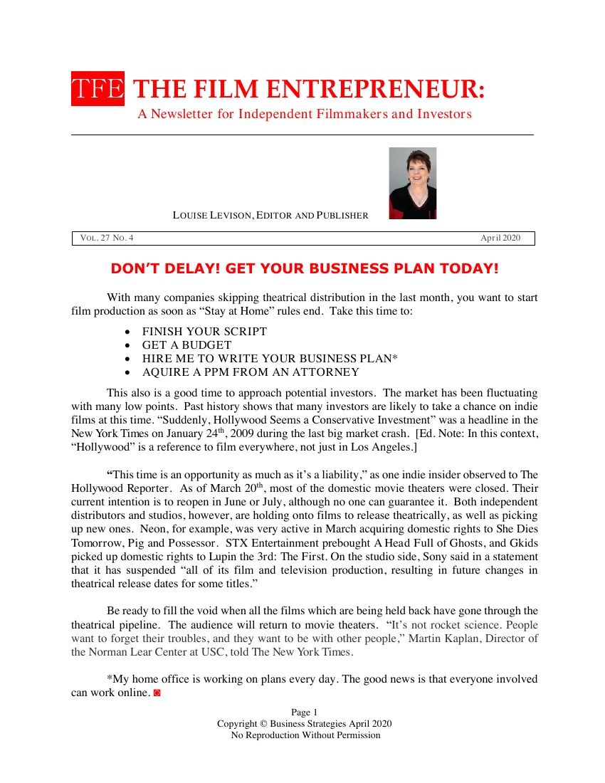 First page of The Film Entrepreneur, April 2020