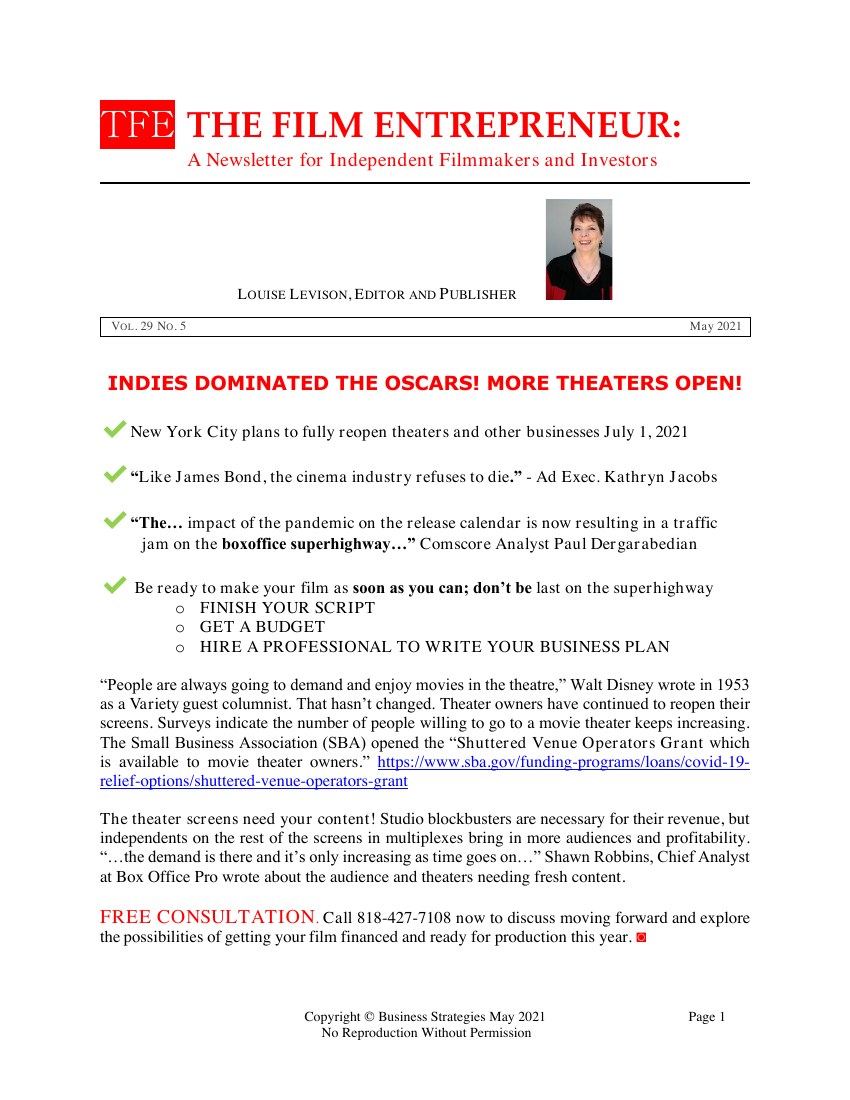 First page of The Film Entrepreneur, May 2021