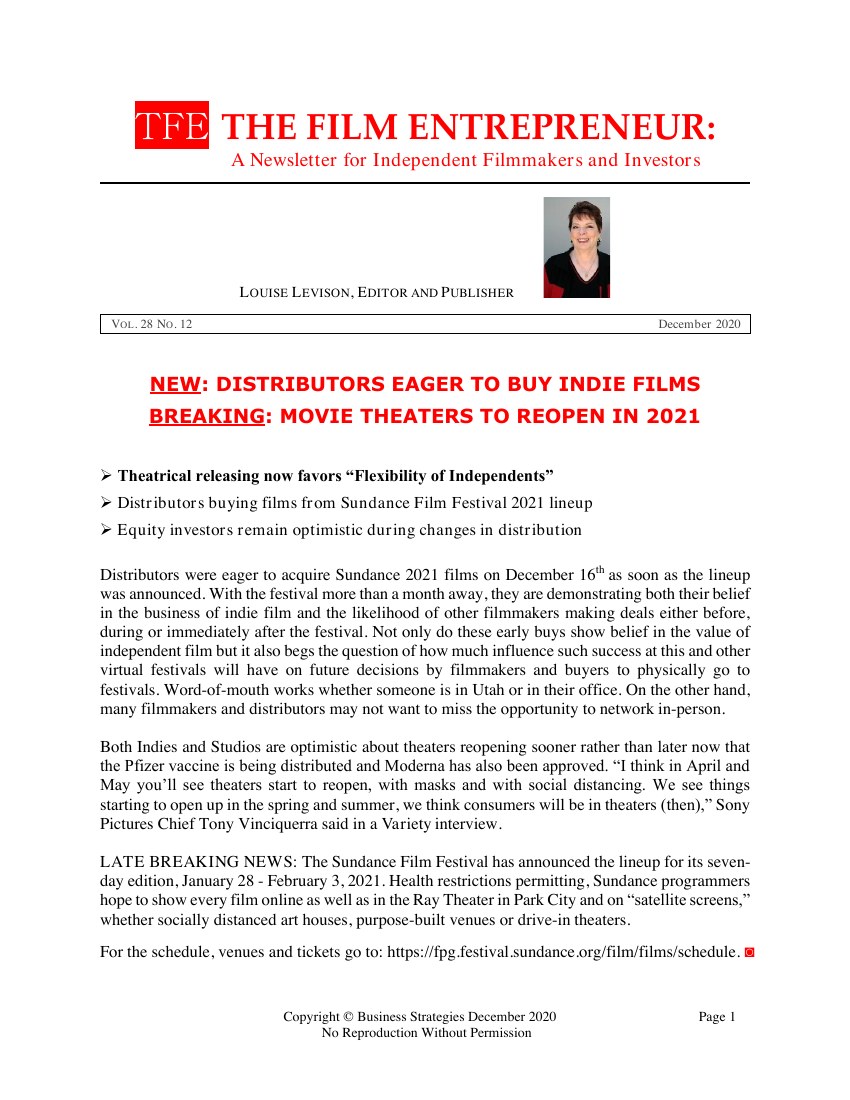 First page of The Film Entrepreneur, December 2020