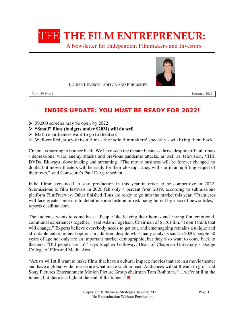 First page of The Film Entrepreneur, January 2021