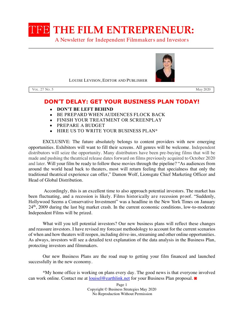 First page of The Film Entrepreneur, May 2020
