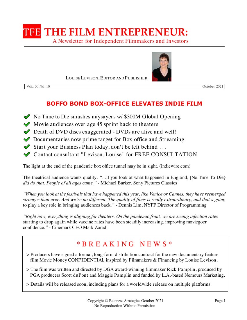 First page of The Film Entrepreneur, October 2021