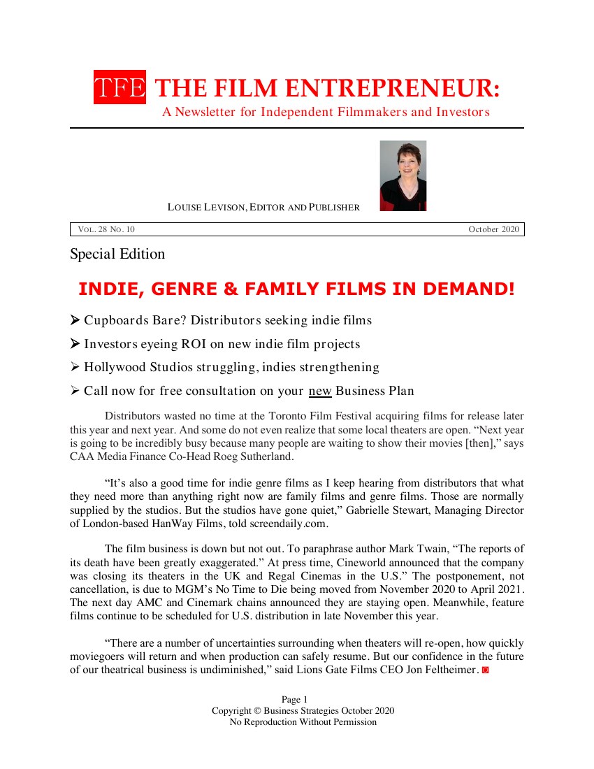 First page of The Film Entrepreneur, October 2020