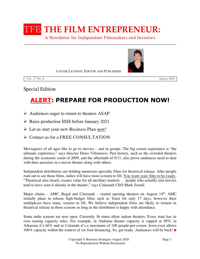 First page of The Film Entrepreneur, August 2020