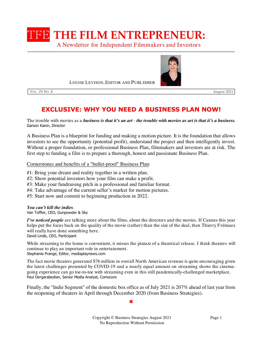 First page of The Film Entrepreneur, August 2021