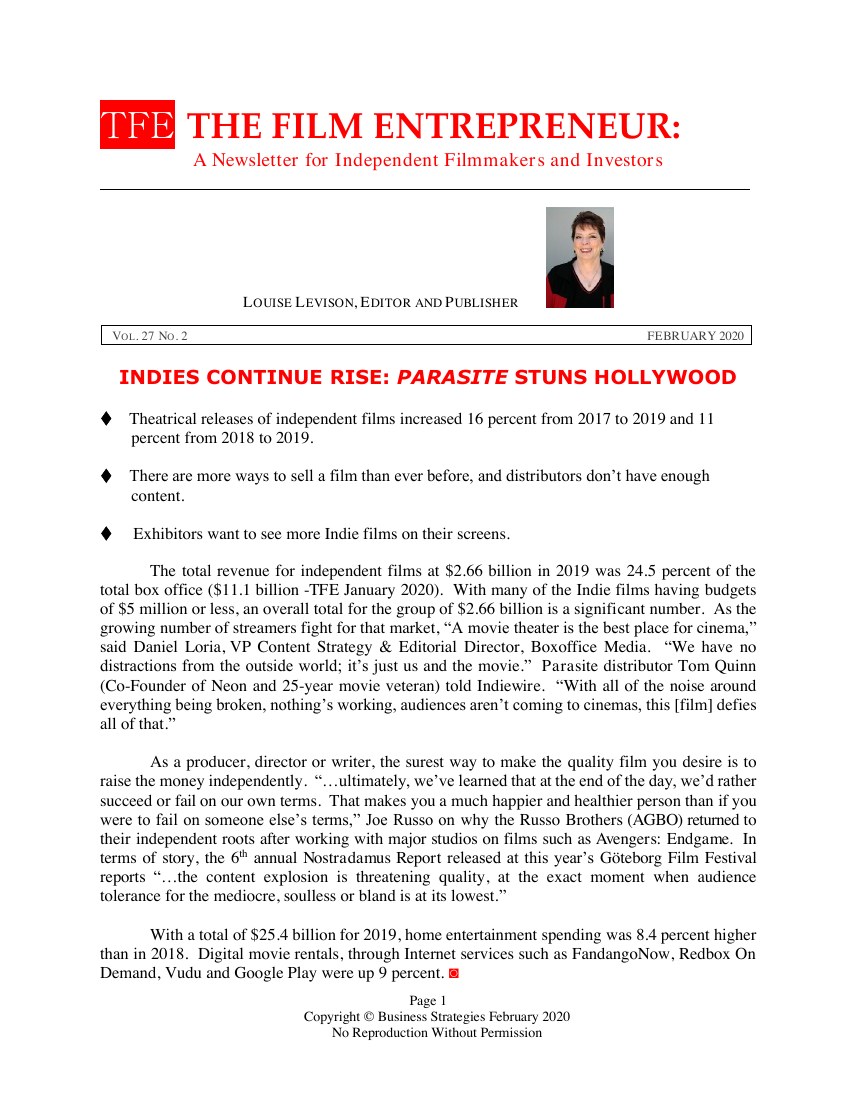 First page of The Film Entrepreneur, February 2020