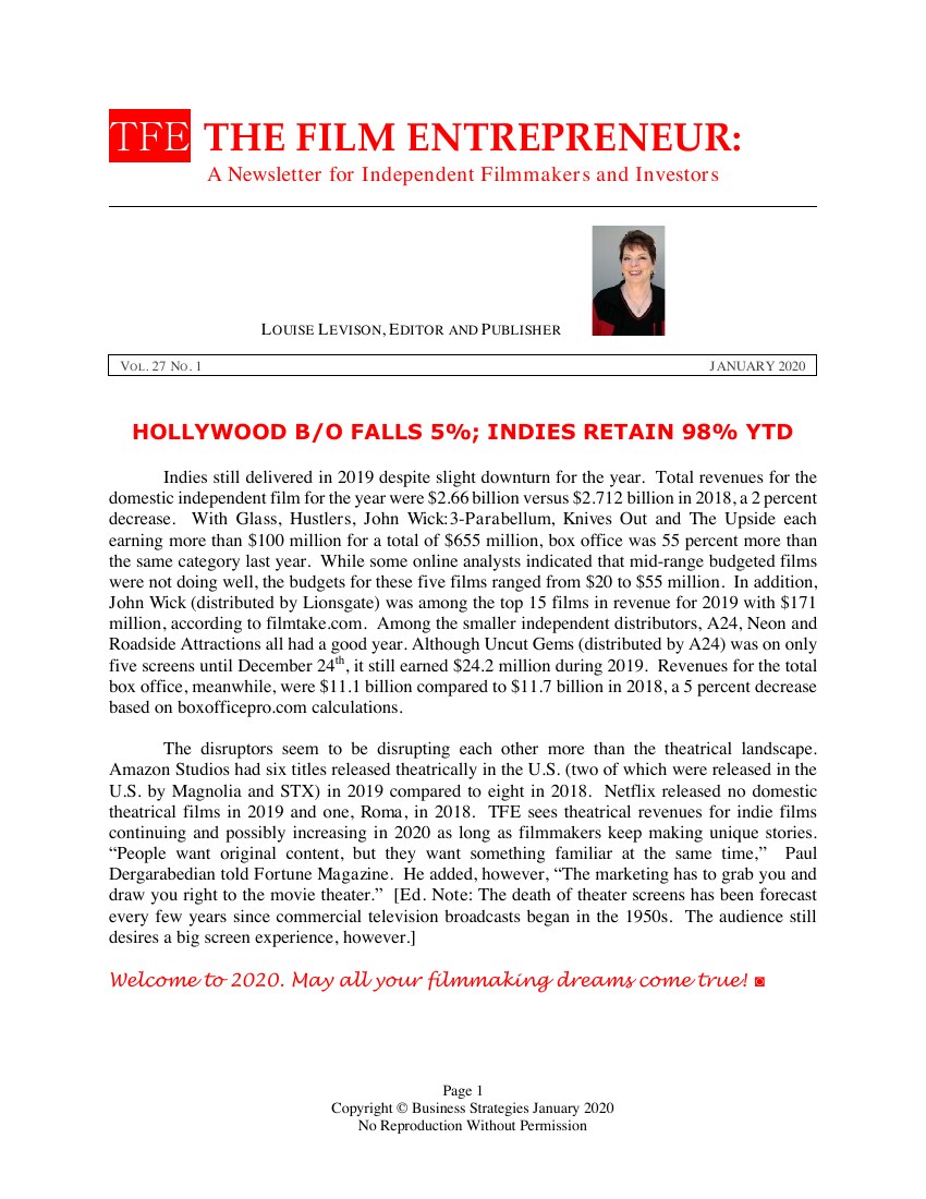 First page of The Film Entrepreneur, January 2020