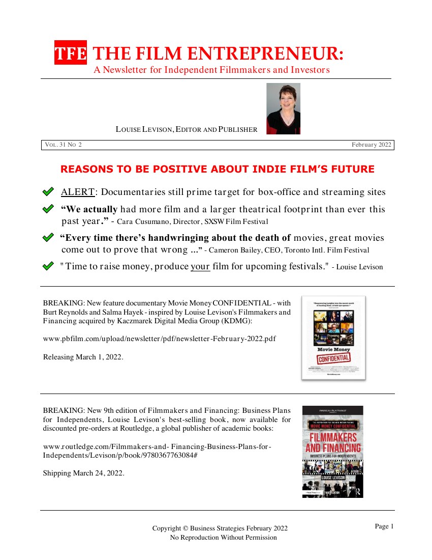 First page of The Film Entrepreneur, February 2022
