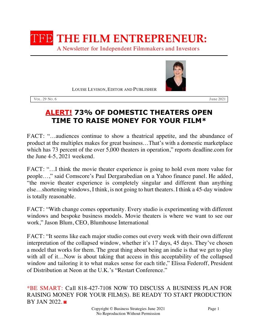 First page of The Film Entrepreneur, June 2021