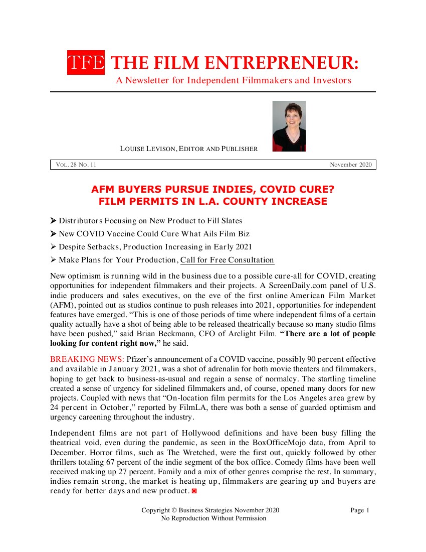 First page of The Film Entrepreneur, November 2020