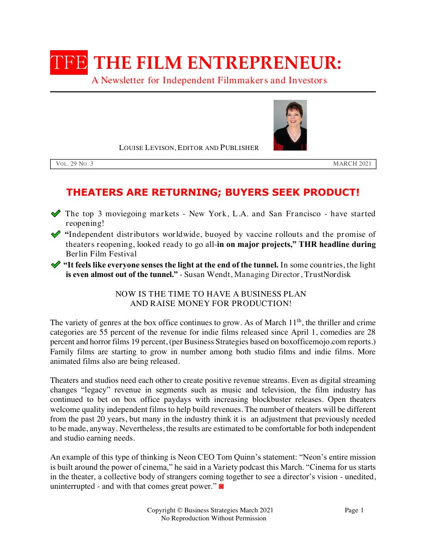 First page of The Film Entrepreneur, March 2021